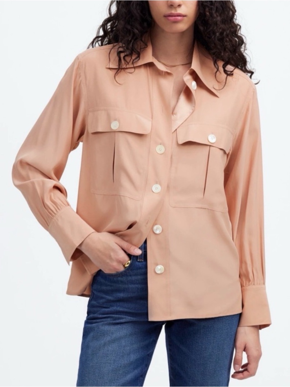 Madewell Nude Tan Silk Utility Button Down Shirt